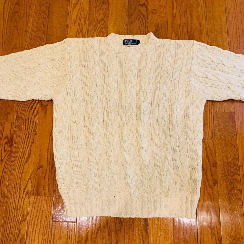 Vintage Polo Ralph Lauren Linen Blend Chunky Cable Knit Sweater Size Large Ivory